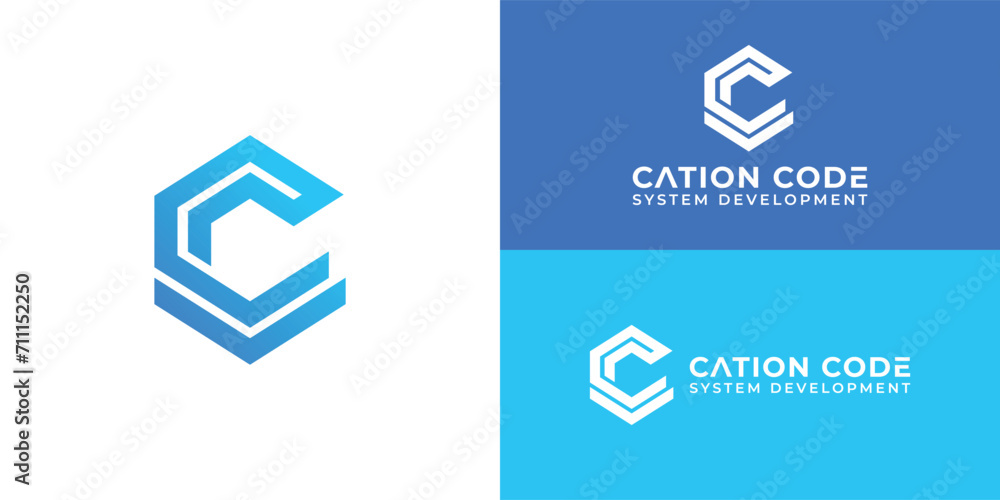 Poster initial letters cc rounded hexagon shape monogram blue simple modern logo presented with multiple ba