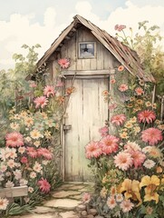 Time-Worn Garden Blooming Countryside: Rustic Artwork Illustrations