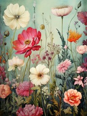 Time-Worn Garden Illustrations: Vintage-Style Floral Fields in Artwork