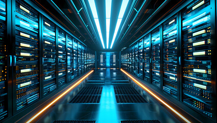 A data server room with rows of servers