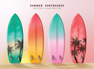 Summer surfboard elements vector set design. Surfboards in pastel color collection with palm tree decoration for vacation surfing activity. Vector illustration summer surfboard collection. 
