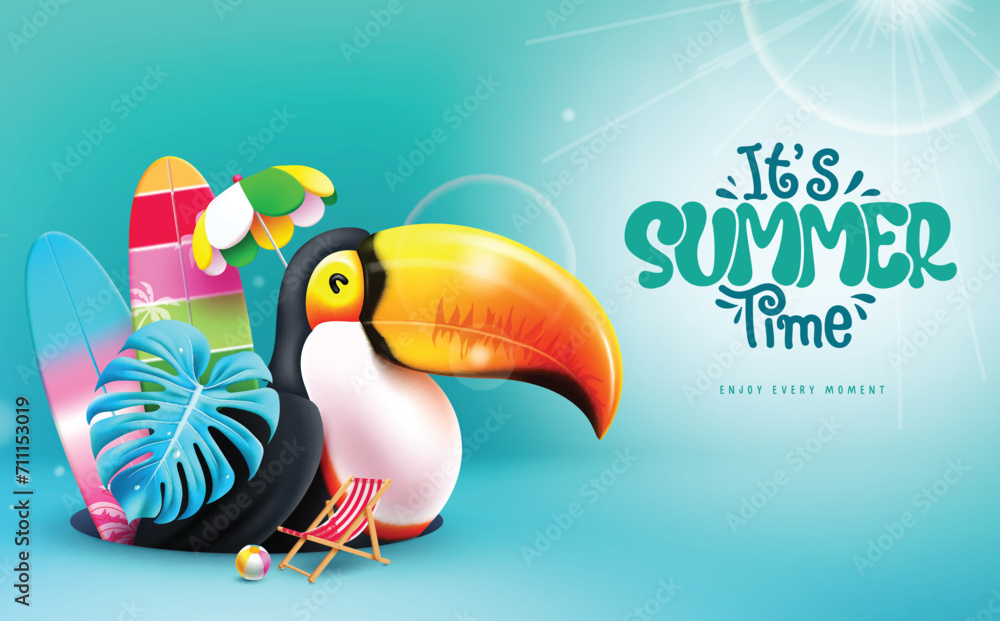 Poster summer time text vector design. it's summer time enjoy every moment text with toucan bird and surf b