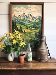 Vintage Countryside Print: Hand-Painted Farmhouse Decor Revealing Mountain Beauty