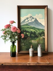 Vintage Countryside Print: Hand-Painted Mountain Beauty for Farmhouse Decor