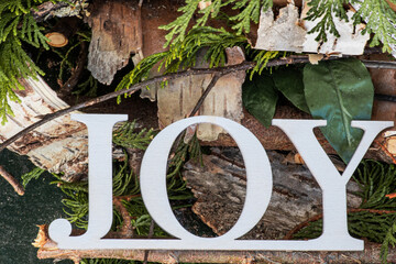 Joy spelled in front of a background of sticks, twigs, tree bark, birch bark, and other organic...
