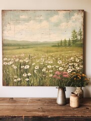 Vintage Countryside Print: Wildflower Field Landscape Oil Painting & Rustic Wall Art