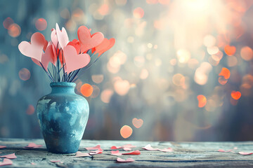 Valentine card with paper hearts in a vase - obrazy, fototapety, plakaty