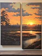 Vintage Field and Stream Canvases: Magnificent Sunsets and Reflections Over Serene Mile-Long Fields