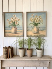 Vintage Oceanfront Canvases: Farmhouse Vintage Seaside Wildflower Art Collection