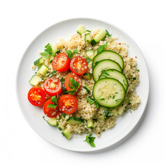 A plate of quinoa salad with sliced cucumber and cherry tomatoes top view isolated on a white background 