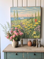 Vintage Oceanfront Canvases: Seaside Vintage Painting with Wildflower Field