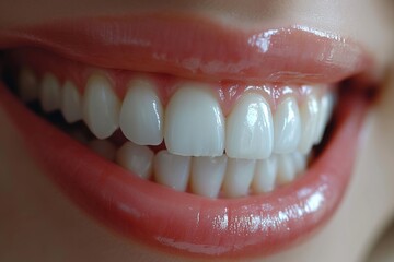 Fototapeta premium Perfect white teeth smile of a young woman. The result of the teeth whitening procedure.