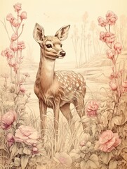 Vintage Art Print Homage: Woodland Wildlife Sketches, Enchanting Wildflower Field Landscapes