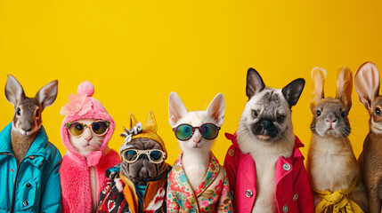 Group of animals in fashionable clothes on Solid background.
