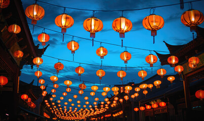 Traditional Chinese Buddhist Temple at night illuminated for the Mid-Autumn festival. Traditional Chinese lanterns display in Temple illuminated for Chinese new year festival