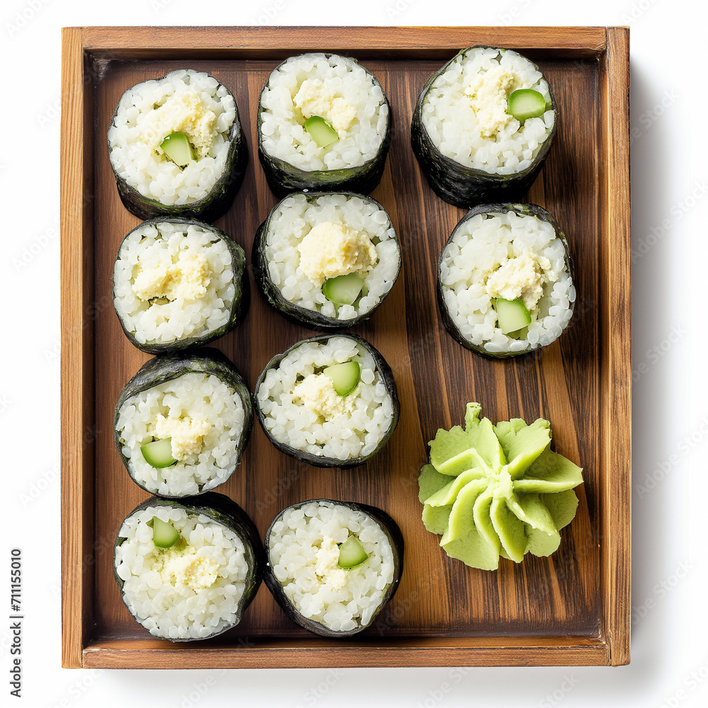 Poster A tray of cauliflower rice sushi with a dollop of wasabi top view isolated on a white background 