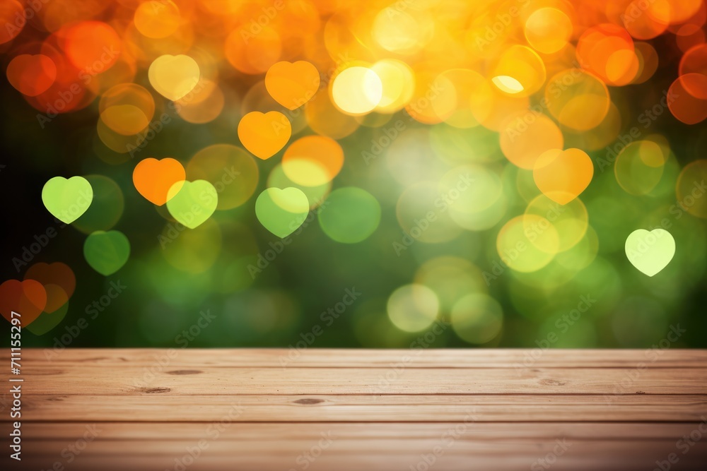Aufkleber empty wood table top on bokeh and blur abstract green background with golden lights. product display