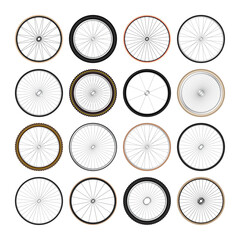 Realistic 3d retro bicycle wheels. Vintage bike rubber tyres, shiny metal spokes and rims. Fitness cycle, touring, sport, road and mountain bike. Vector illustration