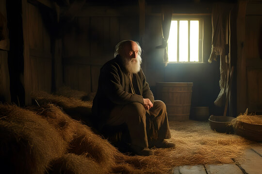 Portrait of an old male farmer with hay supplies. Neural network AI generated art