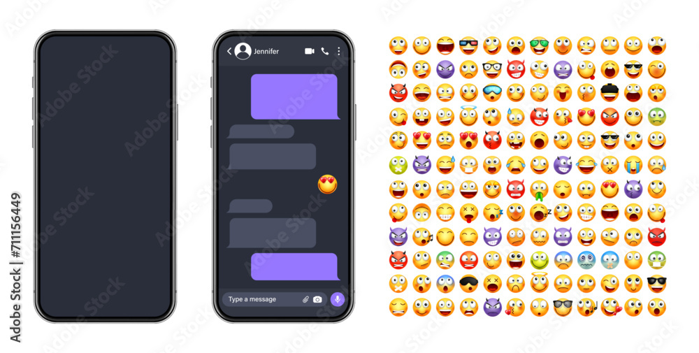 Poster smartphone messaging app, user interface with emoji. sms text frame. chat screen, violet message bub