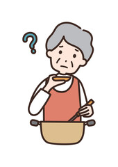 味見をしておいしくないと感じるシニア女性のイラスト