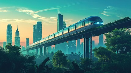 Monorail train, futuristic design, elevated road against the sky with silhouettes of skyscrapers in the background, Lots of vegetation. Eco-friendly city - obrazy, fototapety, plakaty
