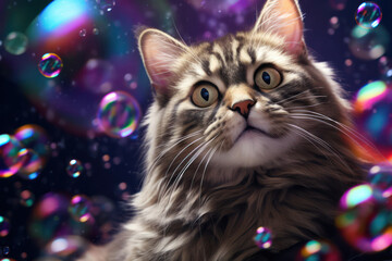 Adorable Kitten with Fluffy Fur and Green Eyes, Lying on a White Background, - Cute Pet Portrait