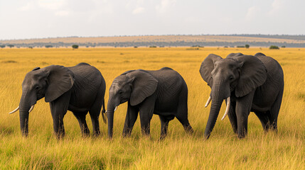 Majestic Elephants Grazing at Dusk in the Serene African Savanna