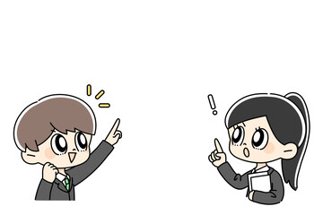 指を差すスーツの男女