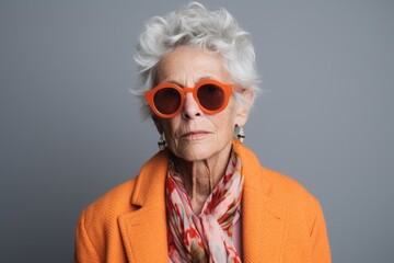 Portrait of a beautiful senior woman in orange coat and sunglasses.