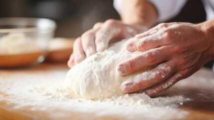 Closeup of a persons hands kneading a ball of homemade dough on a floured countertop. - Powered by Adobe