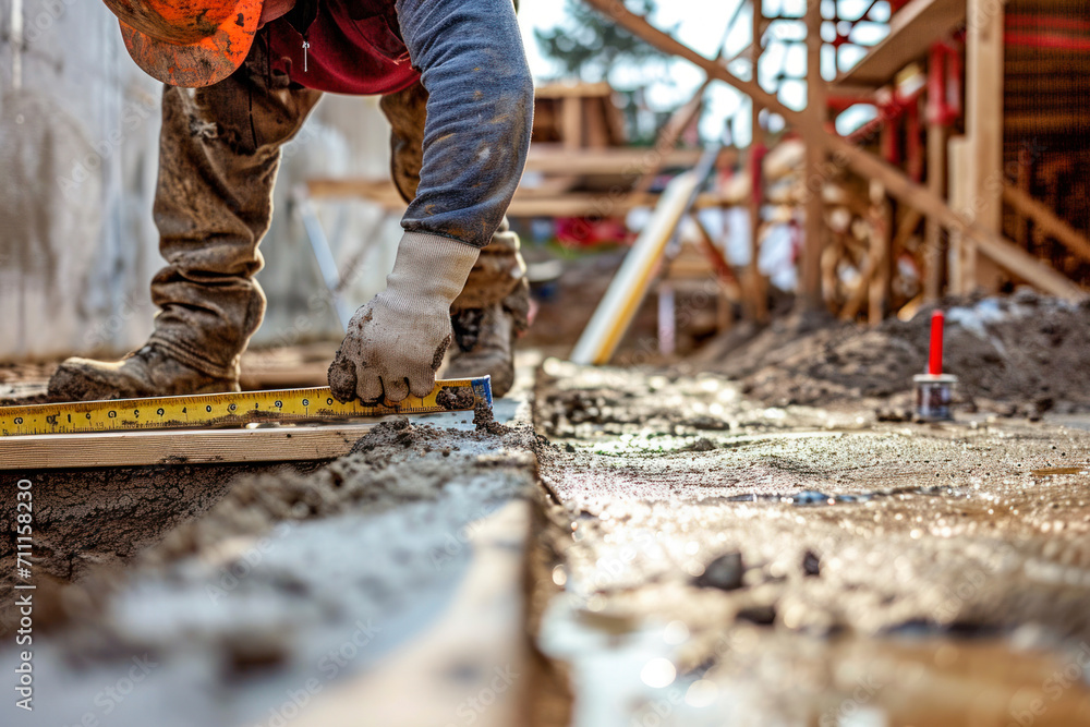 Poster leveling foundation construction, an image showcasing a construction worker using a level tool.