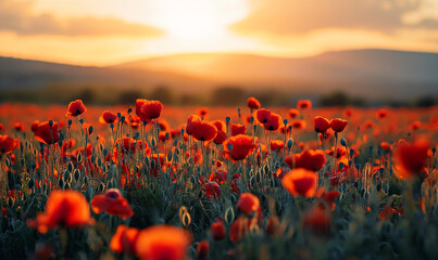 Fototapeta na wymiar poppy field at sunset