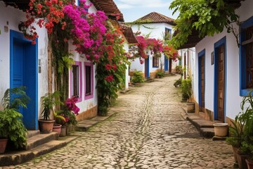 Fototapeta na wymiar Old town street in Paraty, Rio de Janeiro. Well-preserved Portuguese colonial and Brazilian imperial city. Generative AI