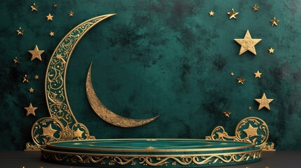 Ramadan Kareem. Ramadan Mubarak. Holiday background. Studio podium for product advertising. Stage stand. Blank podium. Display platform