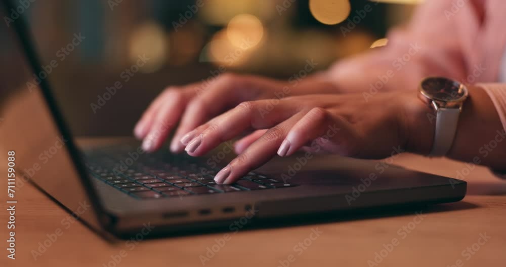 Sticker Hands typing, computer and planning at night for work from home, online copywriting and website research. Freelancer, writer or woman closeup on laptop keyboard for article, editing or social media