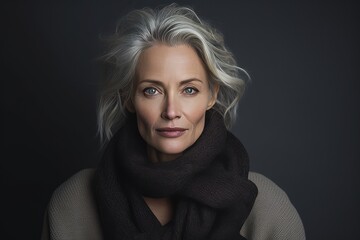 Portrait of a beautiful middle aged woman in scarf and sweater.