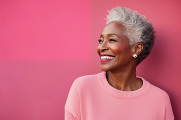 Close up portrait of beautiful smiling mature black woman with pink background in studio.