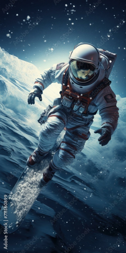 Poster astronaut in space, snowboarding. generative ai.