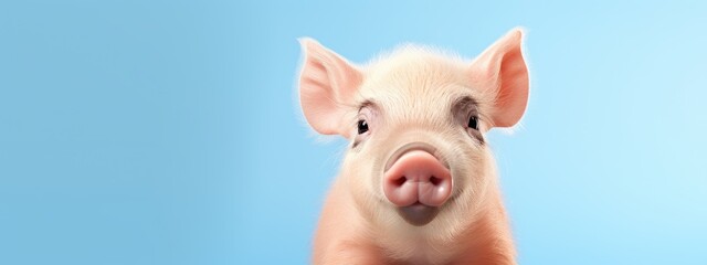 Happy cute pink pig isolated on blue background. Happy funny piglet. Exotic domestic pet. Vegan and vegetarian concept. Animal health, love of nature