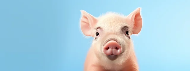 Fotobehang Happy cute pink pig isolated on blue background. Happy funny piglet. Exotic domestic pet. Vegan and vegetarian concept. Animal health, love of nature © ratatosk