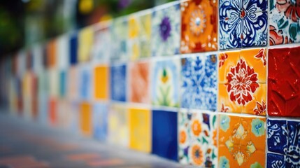 Closeup of a wall covered in handpainted ceramic tiles, created by members of a neighborhood art group.
