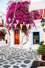 View of whitewashed cobbled street, Little Venice of Mykonos . Greek Island. - 711161628