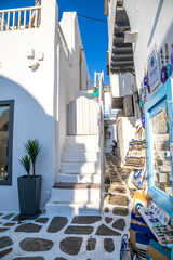 View of whitewashed cobbled street, Little Venice of Mykonos . Greek Island. - 711161630