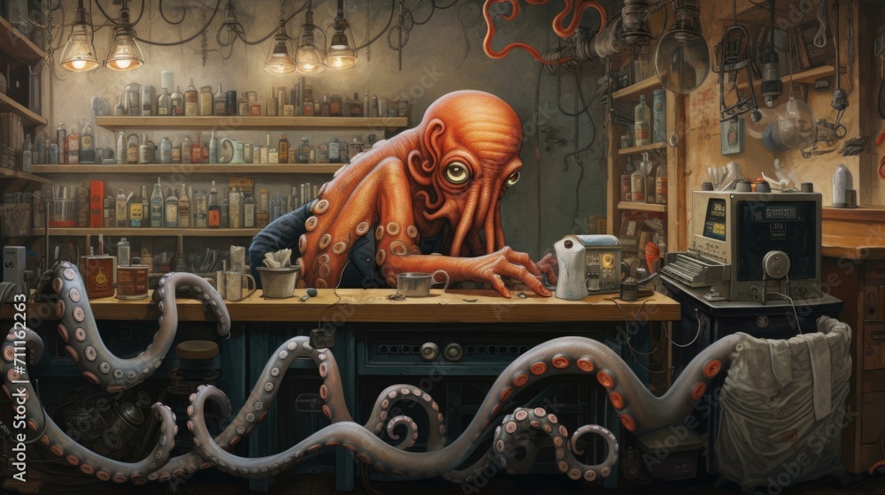 Poster an octopus is working on a computer in a laboratory. generative ai.