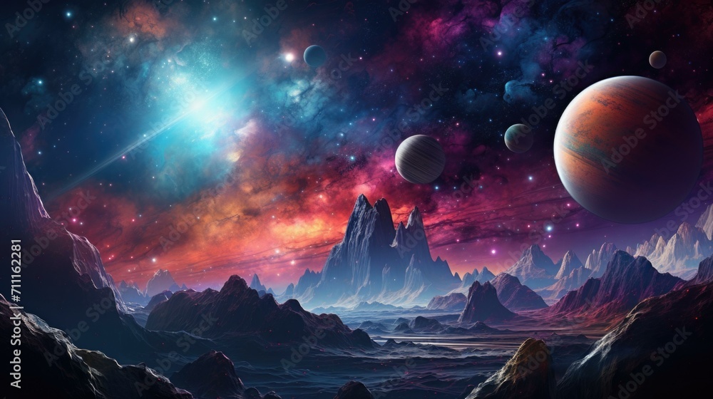 Poster an image of planets and stars in space. generative ai.