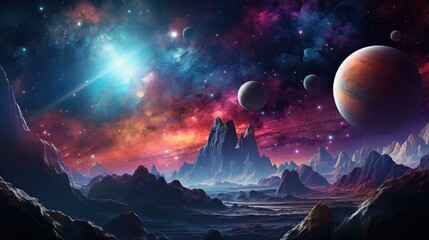 An image of planets and stars in space. Generative AI.