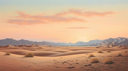 A painting of a desert landscape with mountains in the background. Generative AI.