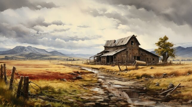 An oil painting of a barn in the middle of a field. Generative AI.