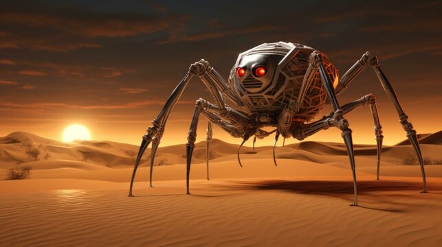A robot spider in the desert at sunset. Generative AI.
